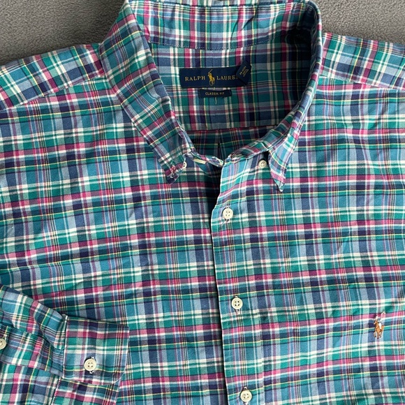 Ralph Lauren Men's Blue Green plaid button down sz 3xB classic fit flesh pony - Picture 4 of 10